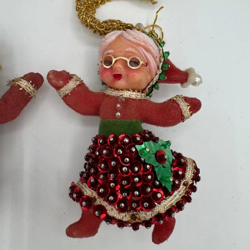 Vintage Santa and Mrs Claus Sequin Ornaments with Beaded Gift Box Set of 5